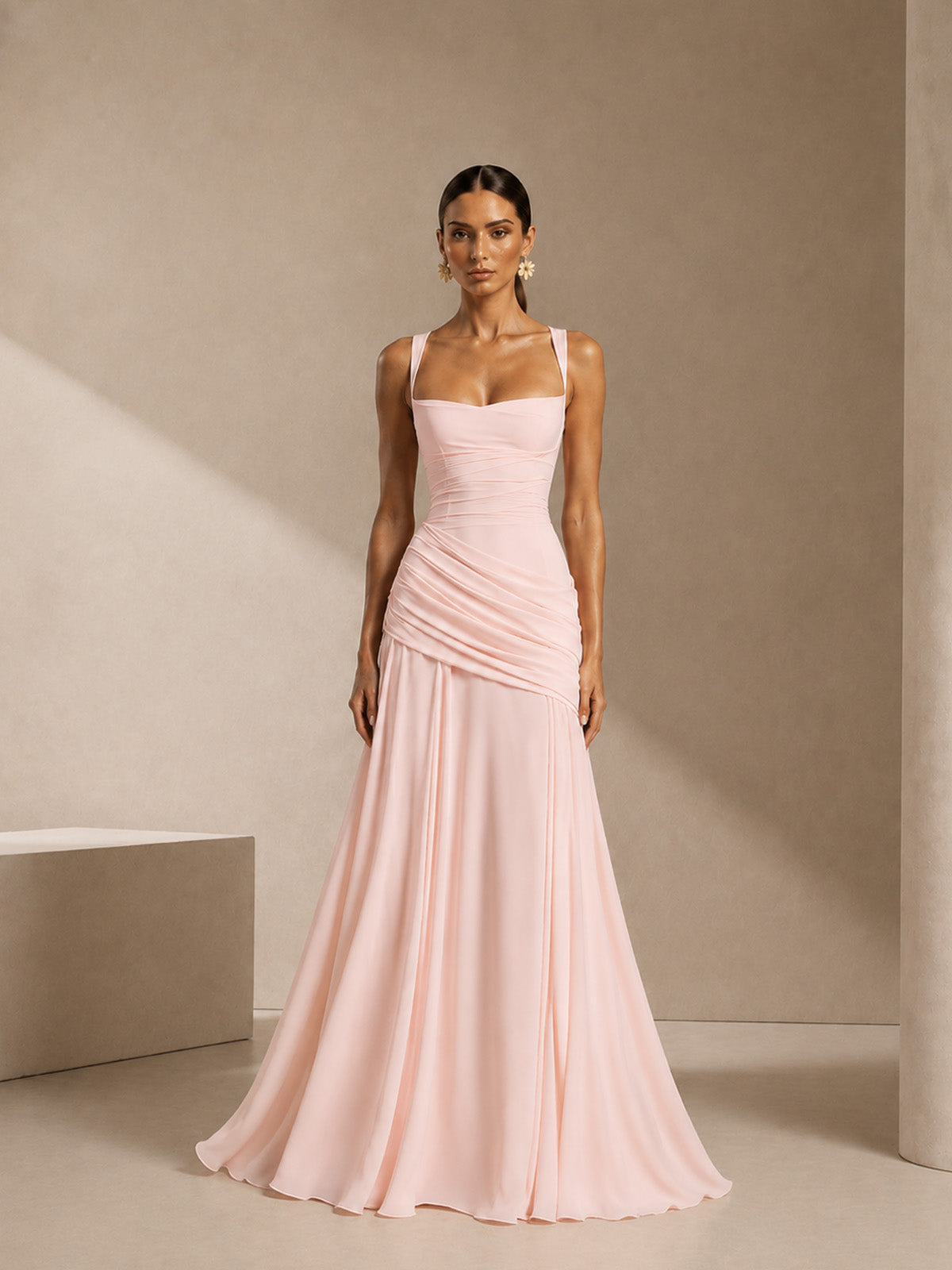 Women’s Yellow Elegant Ruched Square Neck Sleeveless Maxi Dress