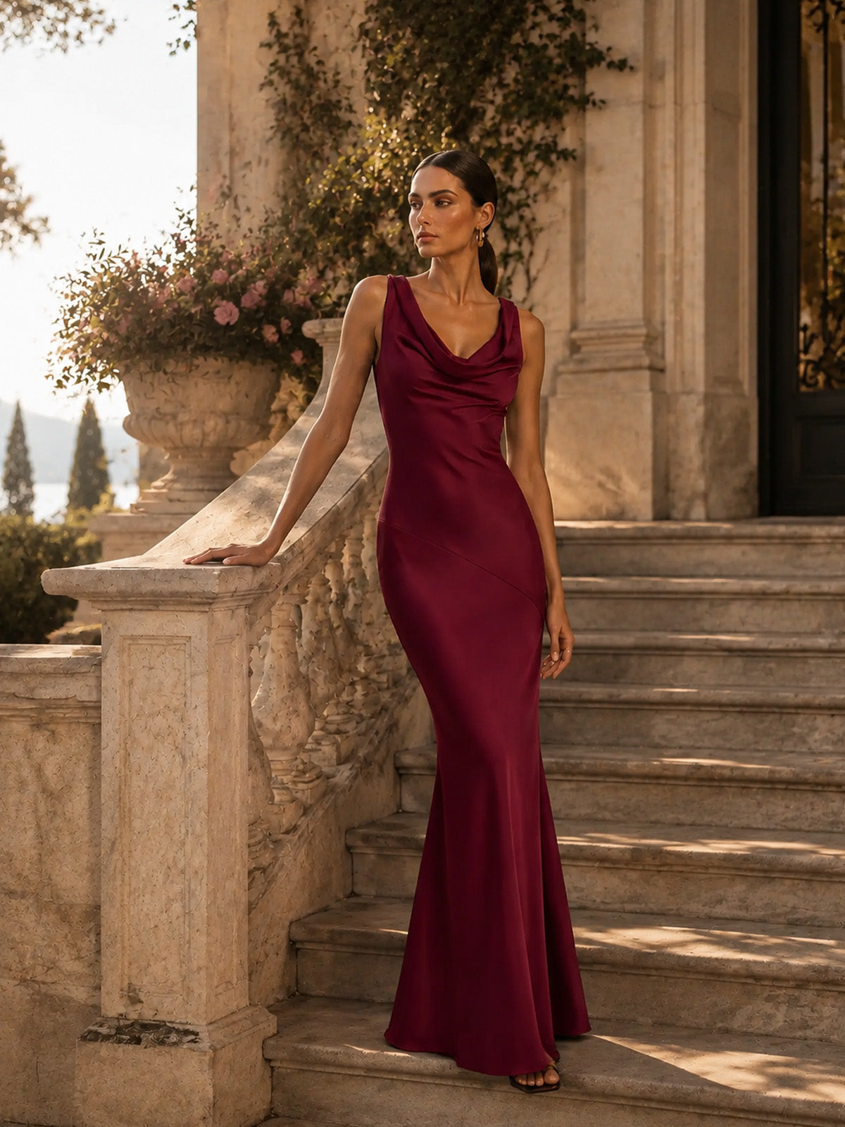 Women’s Burgundy Satin Cowl Neck Sleeveless Slim Mermaid Maxi Dress