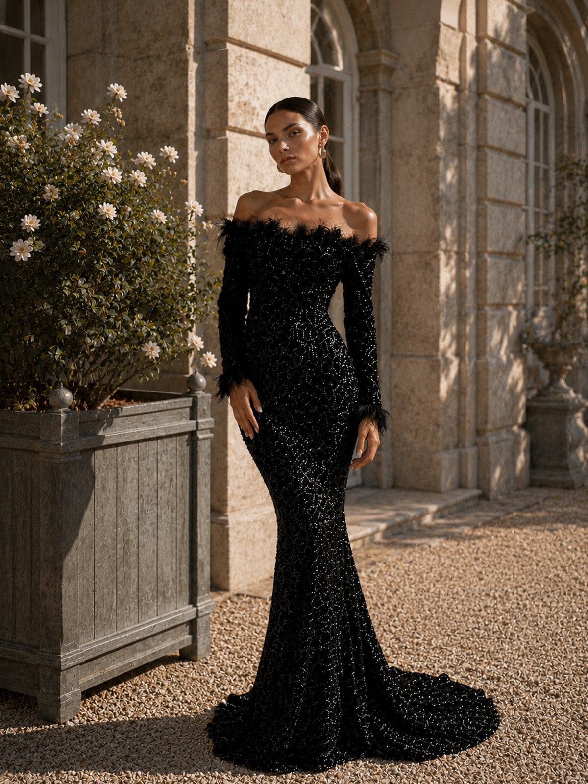 Women’s Burgundy Luxe Sequin Off Shoulder Long Sleeve Mermaid Maxi Dress