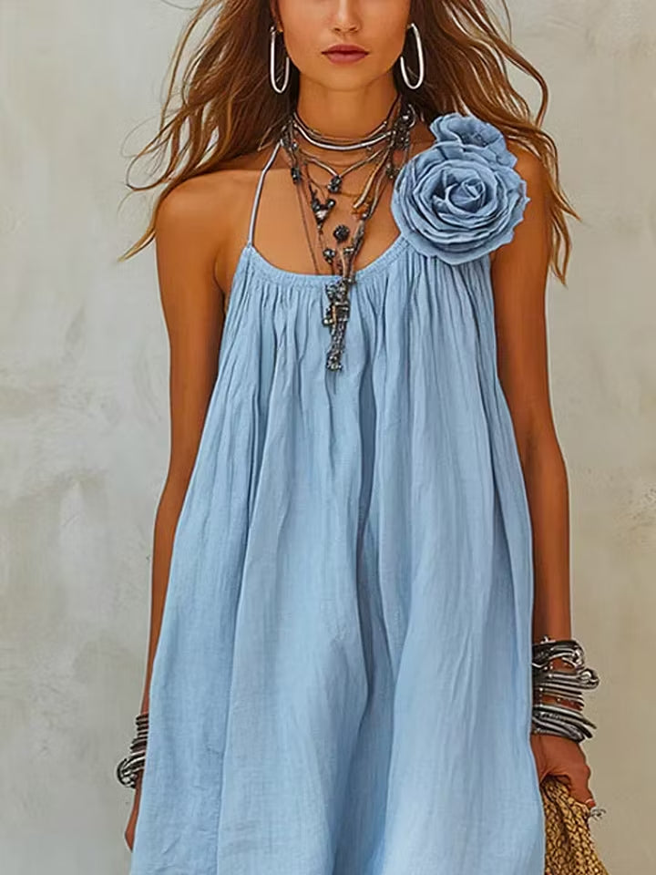 Women’s Light Blue Casual Cotton-Linen Blend Round Neck Sleeveless Relaxed Maxi Dress with Floral Applique