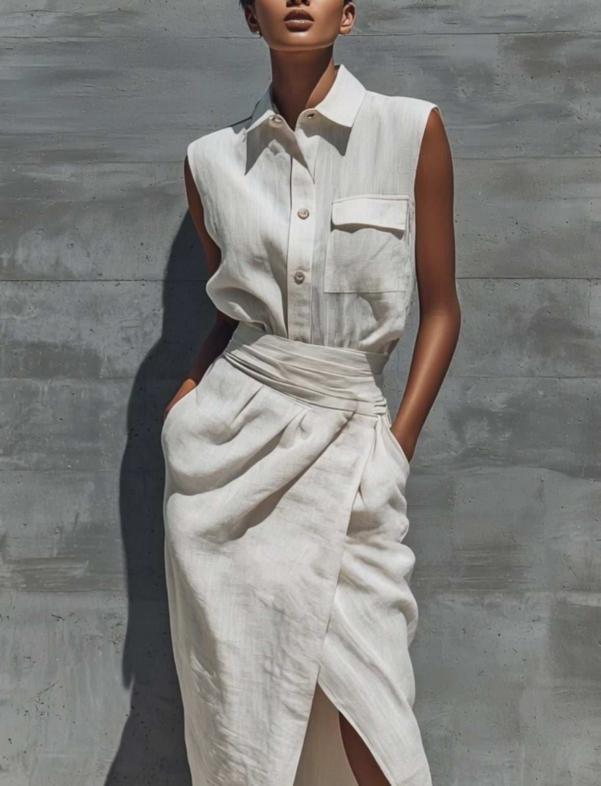 Women’s White Casual Linen Blend Collared Sleeveless Regular Midi Skirt Set with Wrap Waist and Front Slit