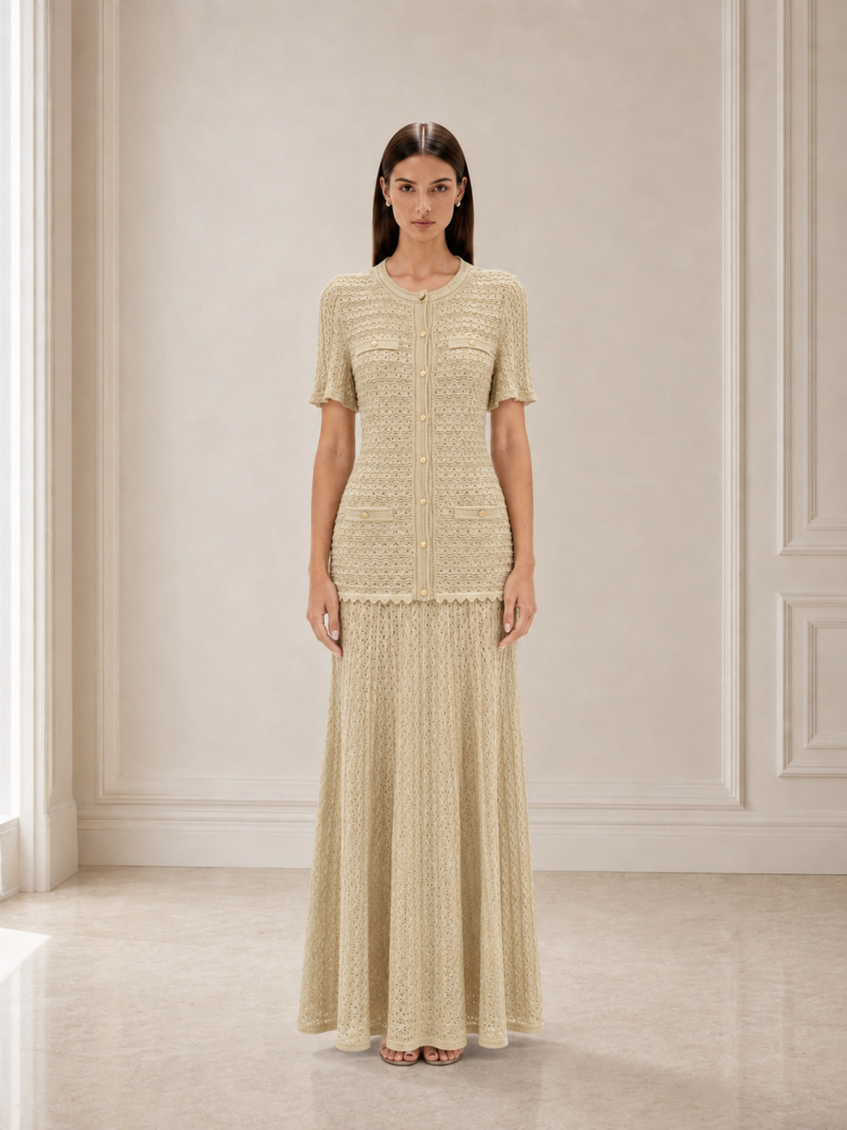 Women’s Refined Crochet Knit Round Neck Short Sleeve A-Line Maxi Dress with Button Detail