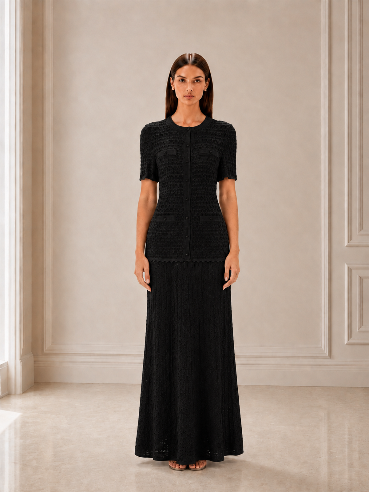 Women’s Refined Crochet Knit Round Neck Short Sleeve A-Line Maxi Dress with Button Detail