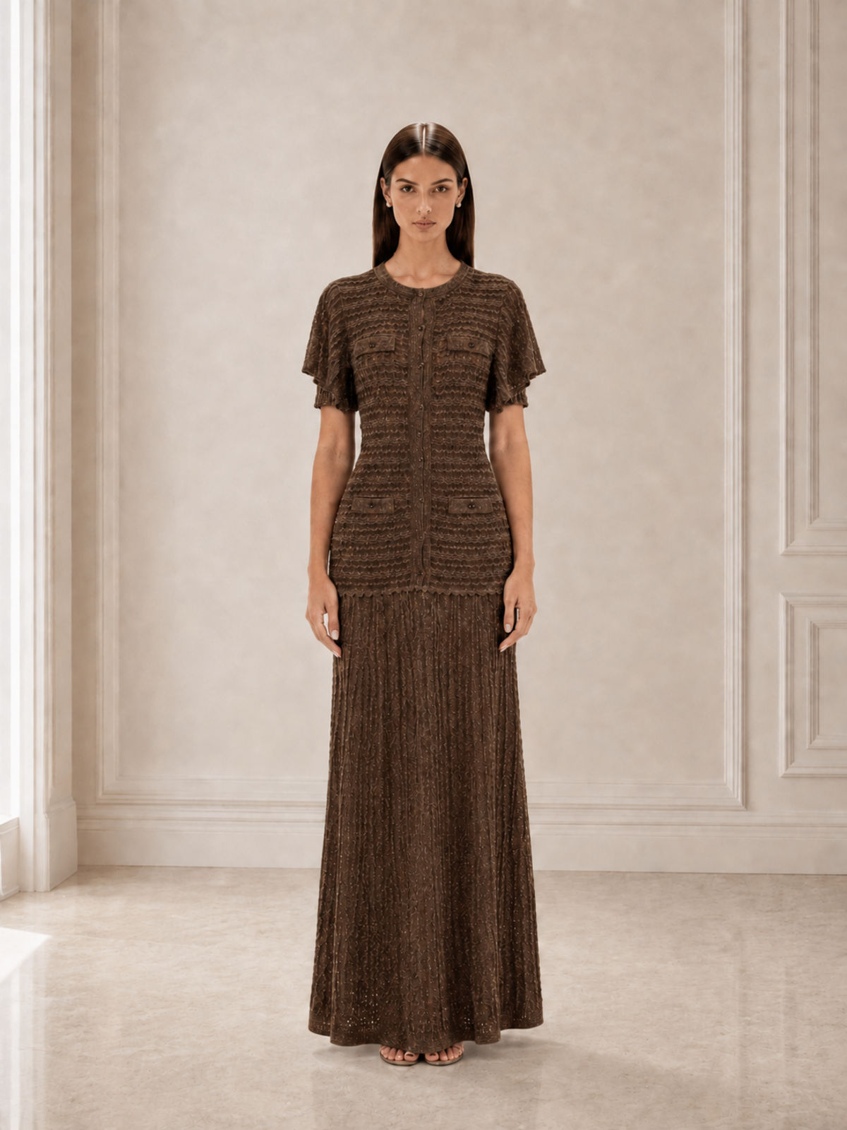 Women’s Refined Crochet Knit Round Neck Short Sleeve A-Line Maxi Dress with Button Detail
