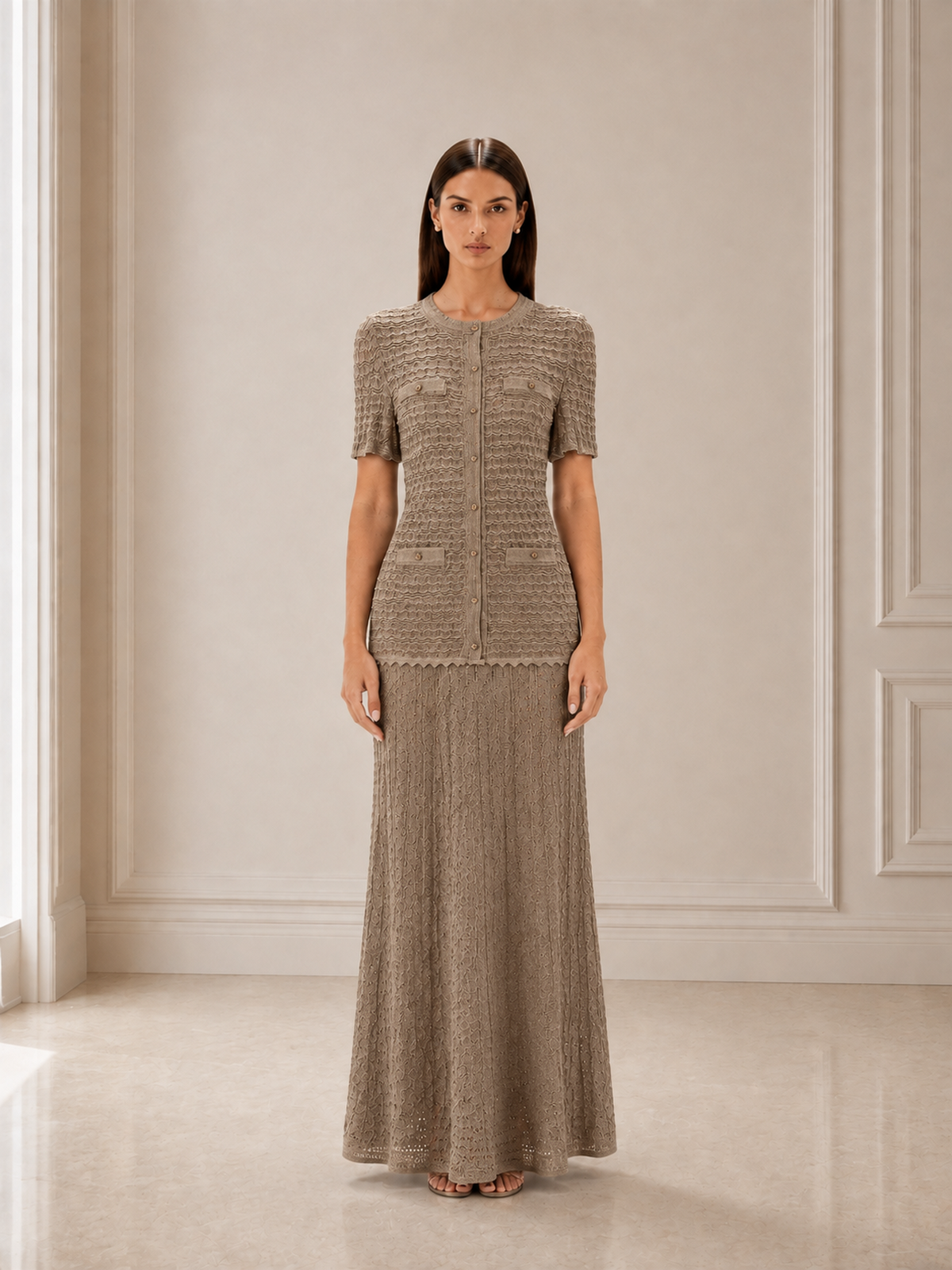Women’s Refined Crochet Knit Round Neck Short Sleeve A-Line Maxi Dress with Button Detail