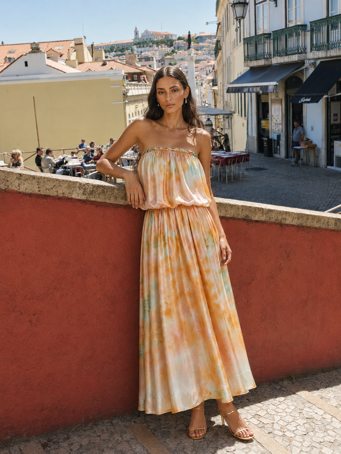 Women’s Orange Floral Print Strapless Blouson Maxi Dress