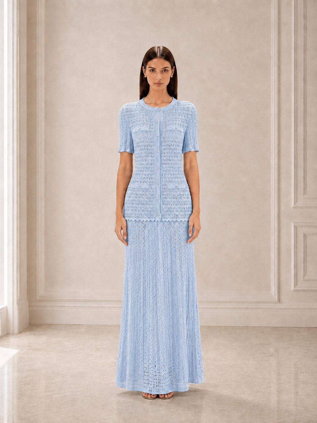 Women’s Refined Crochet Knit Round Neck Short Sleeve A-Line Maxi Dress with Button Detail