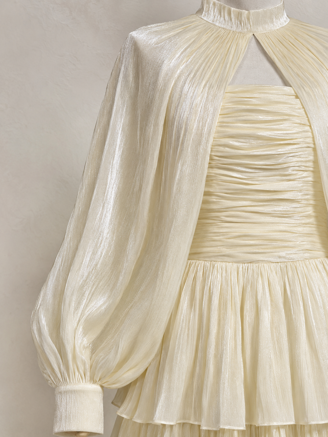 Women’s Pale Romantic Satin High Neck Long Sleeve A-Line Maxi Dress with Ruched Tiered Detail