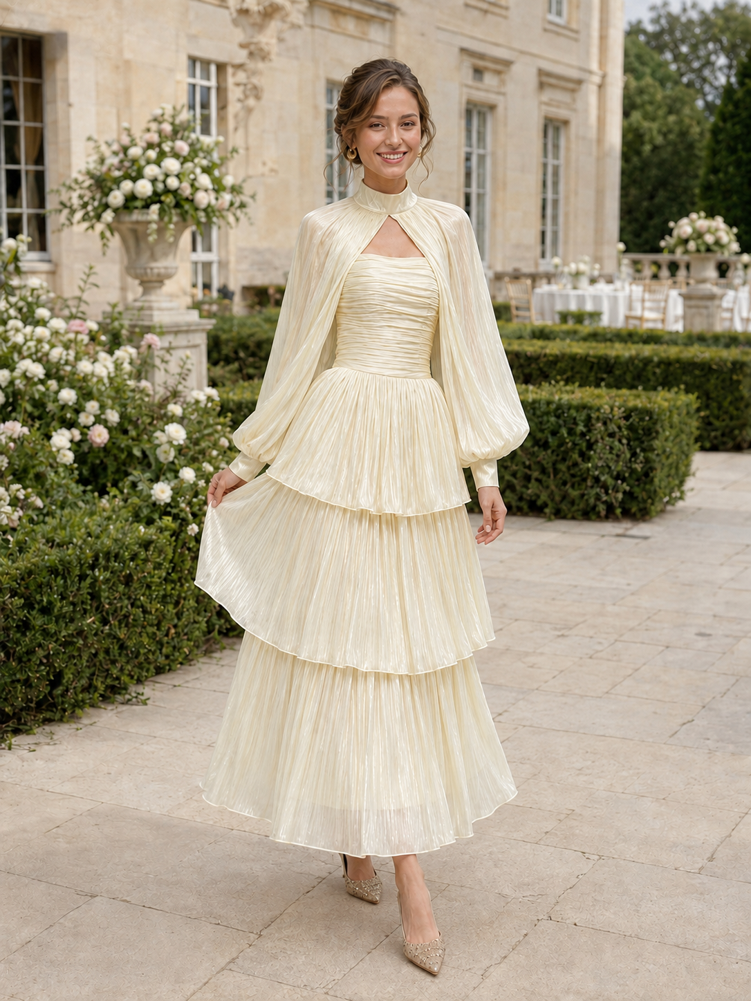Women’s Pale Romantic Satin High Neck Long Sleeve A-Line Maxi Dress with Ruched Tiered Detail