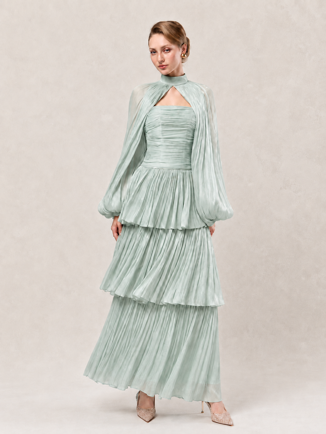 Women’s Pale Romantic Satin High Neck Long Sleeve A-Line Maxi Dress with Ruched Tiered Detail