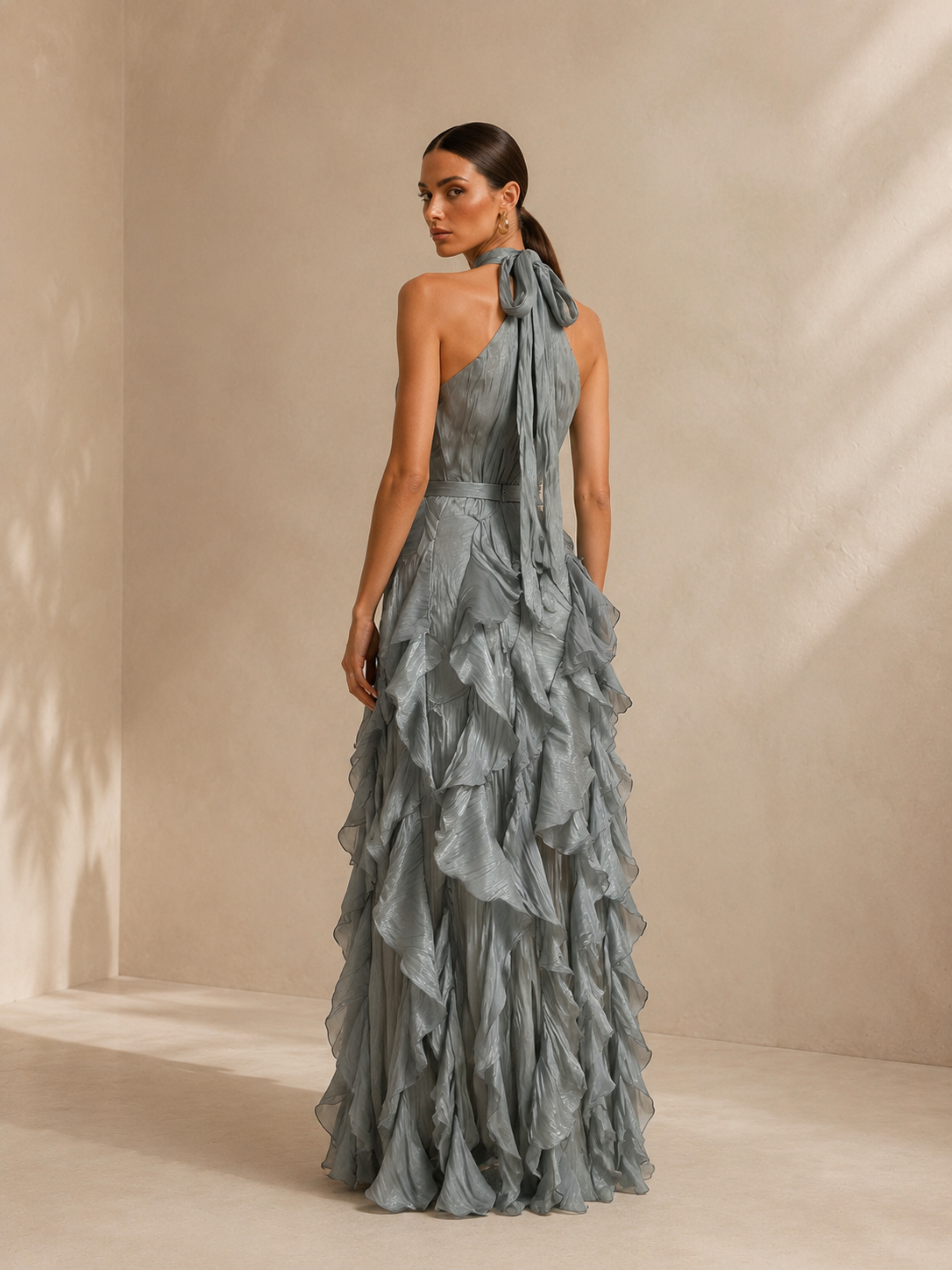 Women’s Greige Glamorous Satin High Neck Sleeveless A-Line Maxi Dress with Ruffle Tiered Detail