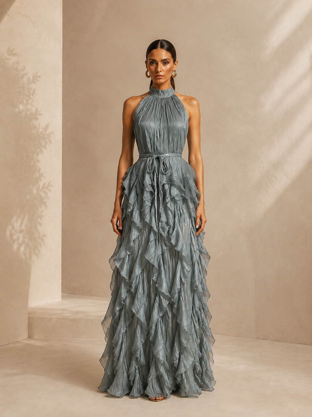 Women’s Greige Glamorous Satin High Neck Sleeveless A-Line Maxi Dress with Ruffle Tiered Detail