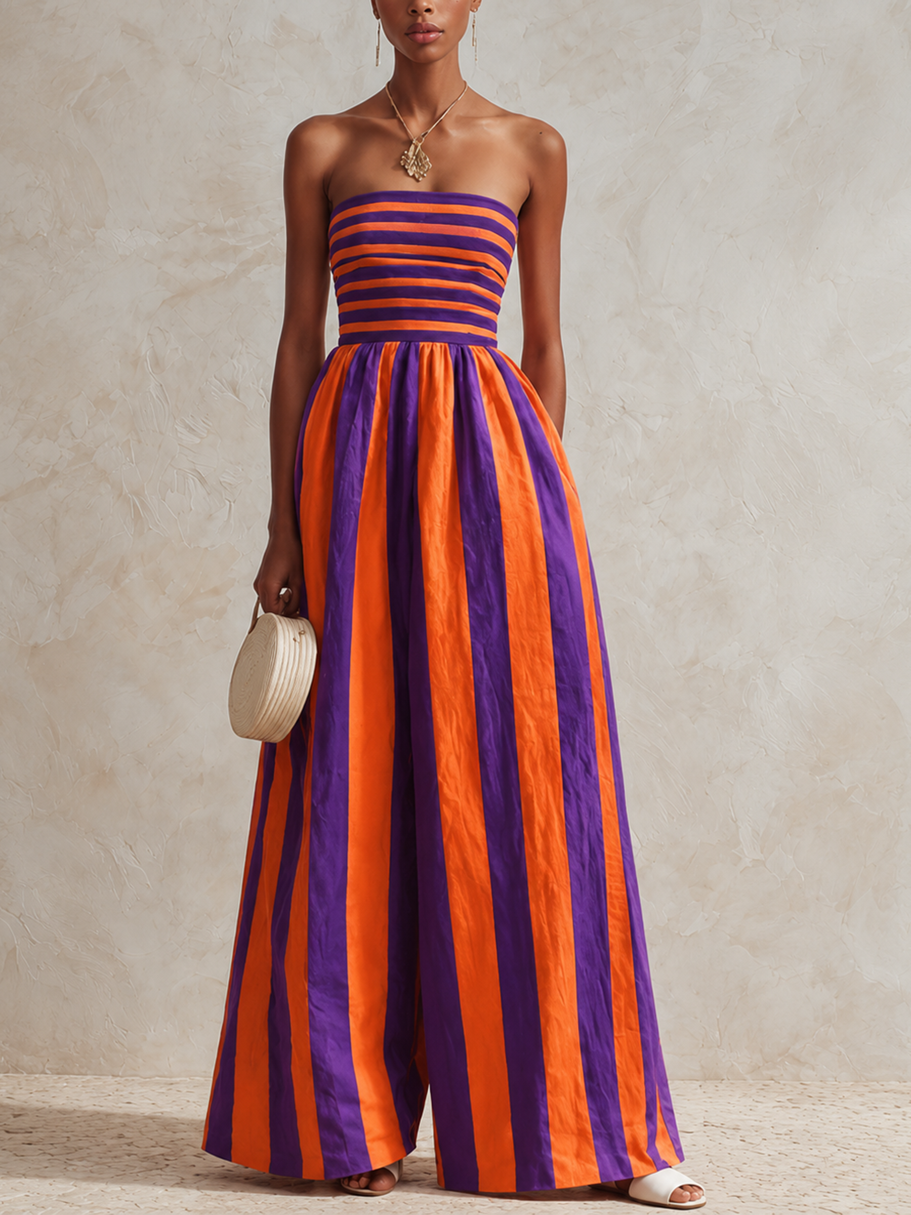 Red & White Striped Strapless Top With Blue & White Striped Wide-Leg Jumpsuit