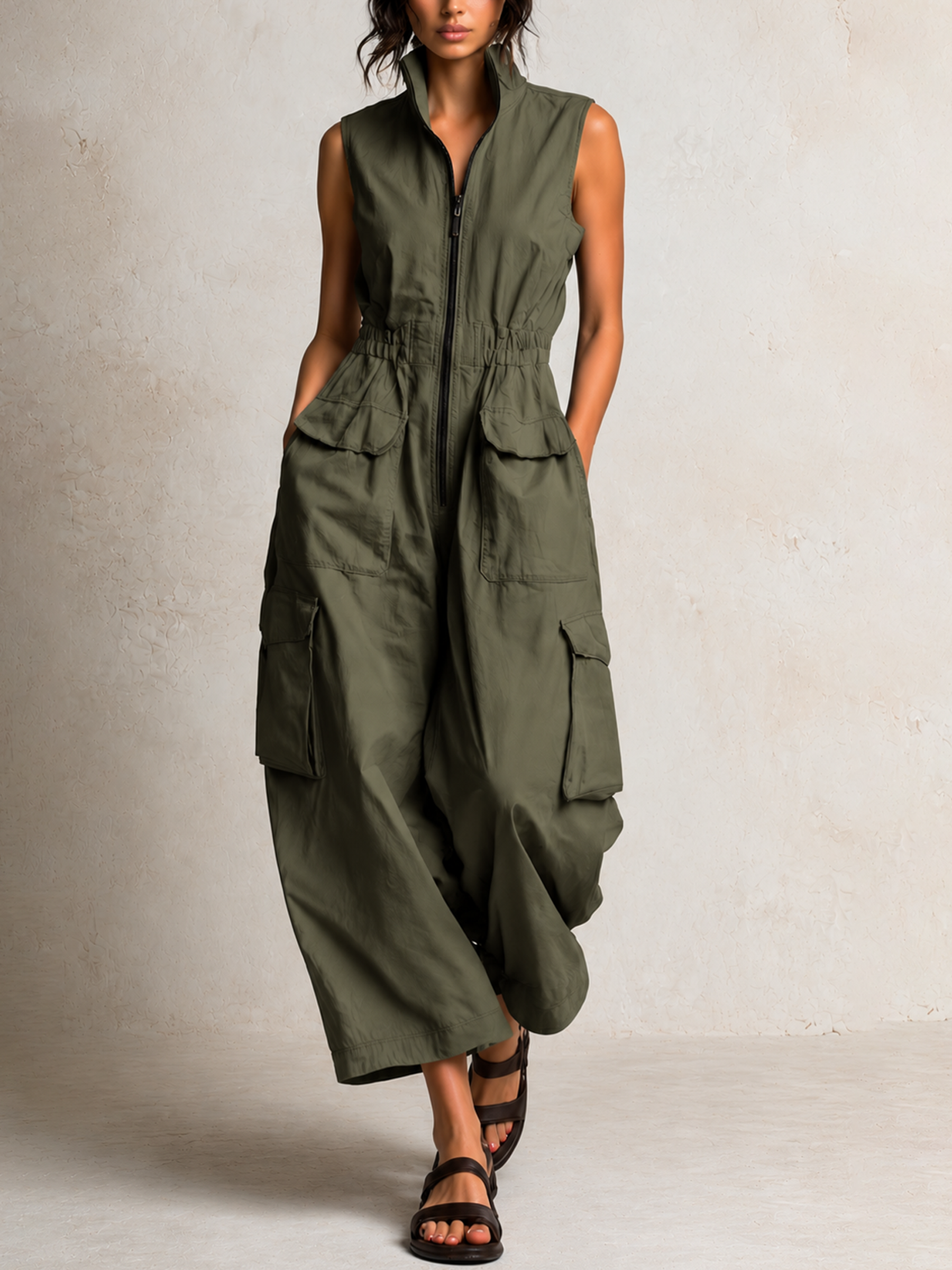 Beige Cotton Twill Sleeveless Utility Cargo Jumpsuit