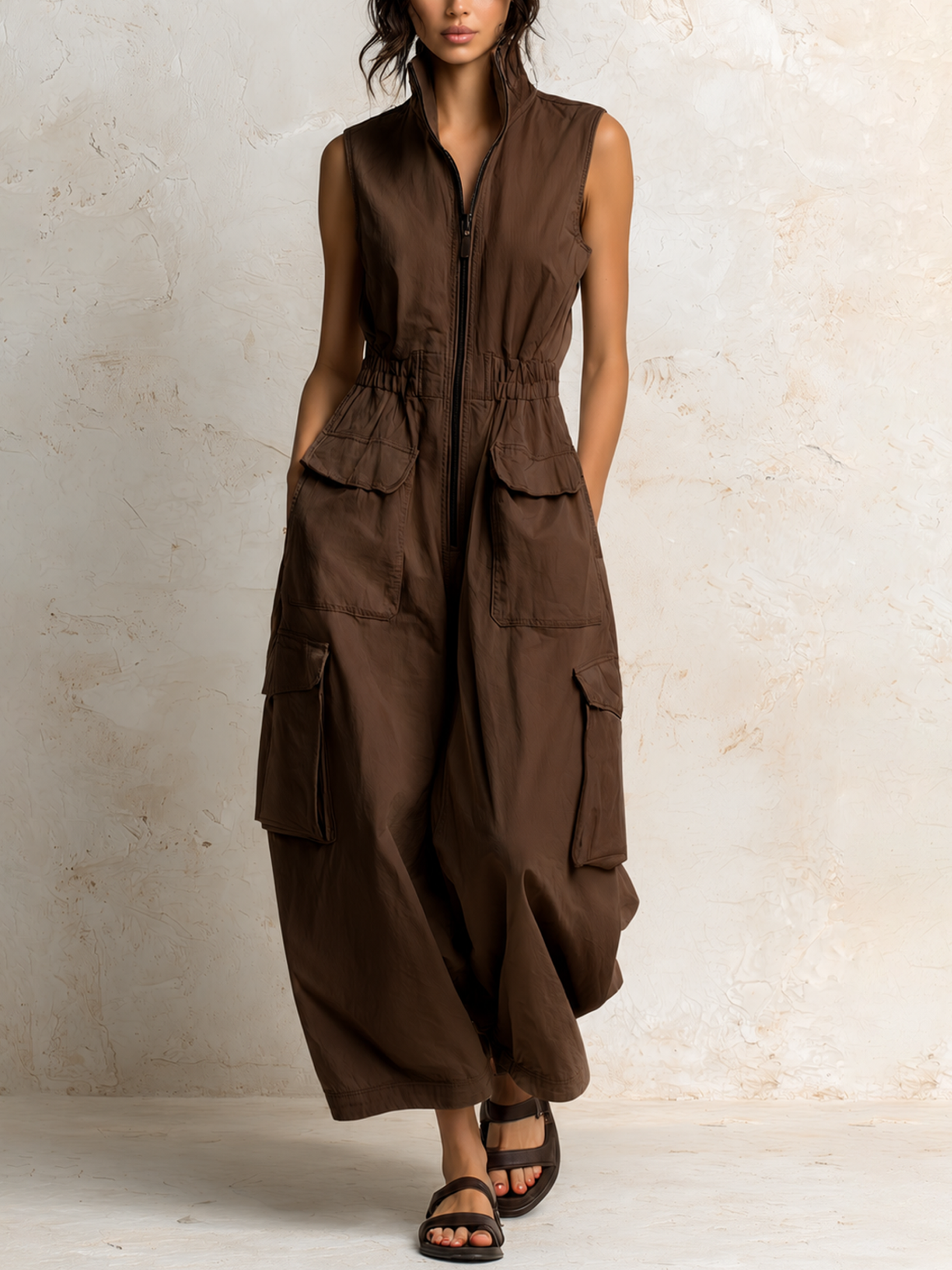 Beige Cotton Twill Sleeveless Utility Cargo Jumpsuit