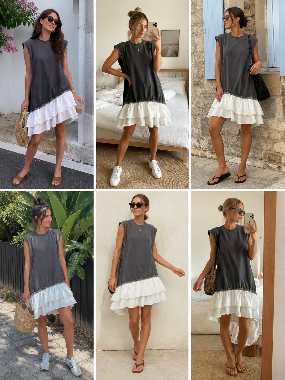 Contrast Raw Edge Tiered Ruffle Hem Sleeveless Mini Dress | Color Block Casual Loose Fit Vacation Dress
