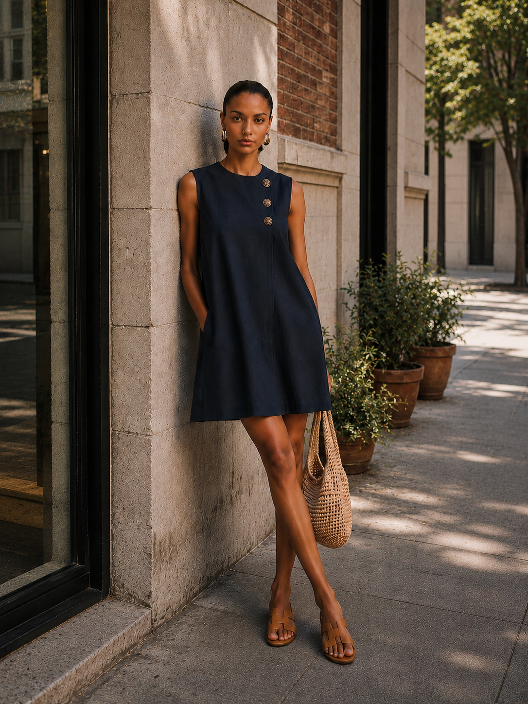Women’s Blue Khaki and White Minimalist Linen Round-Neck Sleeveless Relaxed Mini Daily Dress