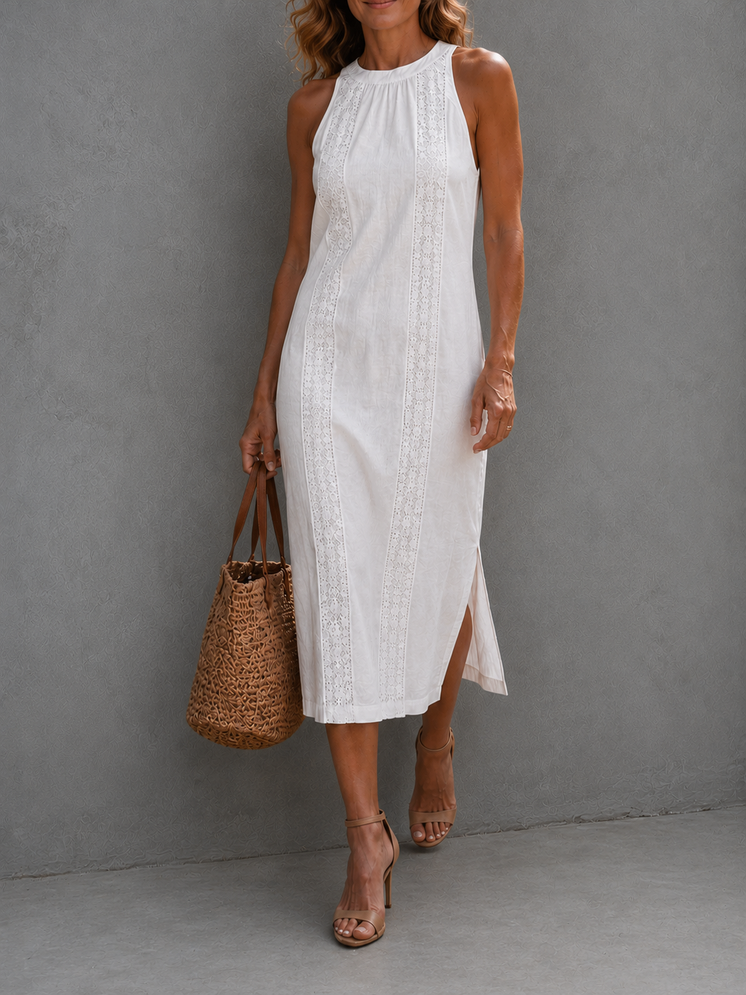 Women’s Sky Blue Elegant High-Neck Sleeveless Regular Midi Daily Dress