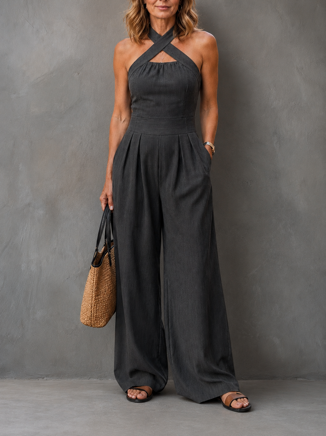 Women’s Dark Gray Elegant Cross-Halter Sleeveless Tailored Wide-Leg Jumpsuit