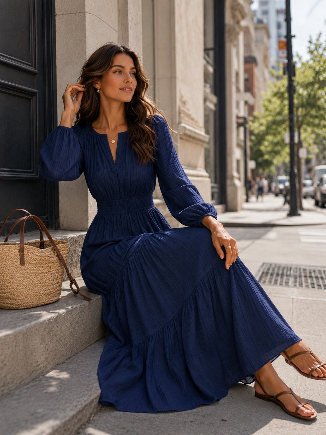 Damen Herbst Freizeit Baumwollmischung V-Ausschnitt Langarm Normales Midikleid mit Stufenrock und Taschen