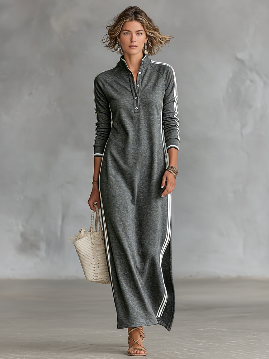 Women’s Minimalist Contrast-Trim Sweatshirt Knit Button-Down Collar Long Sleeve Relaxed Maxi Dress