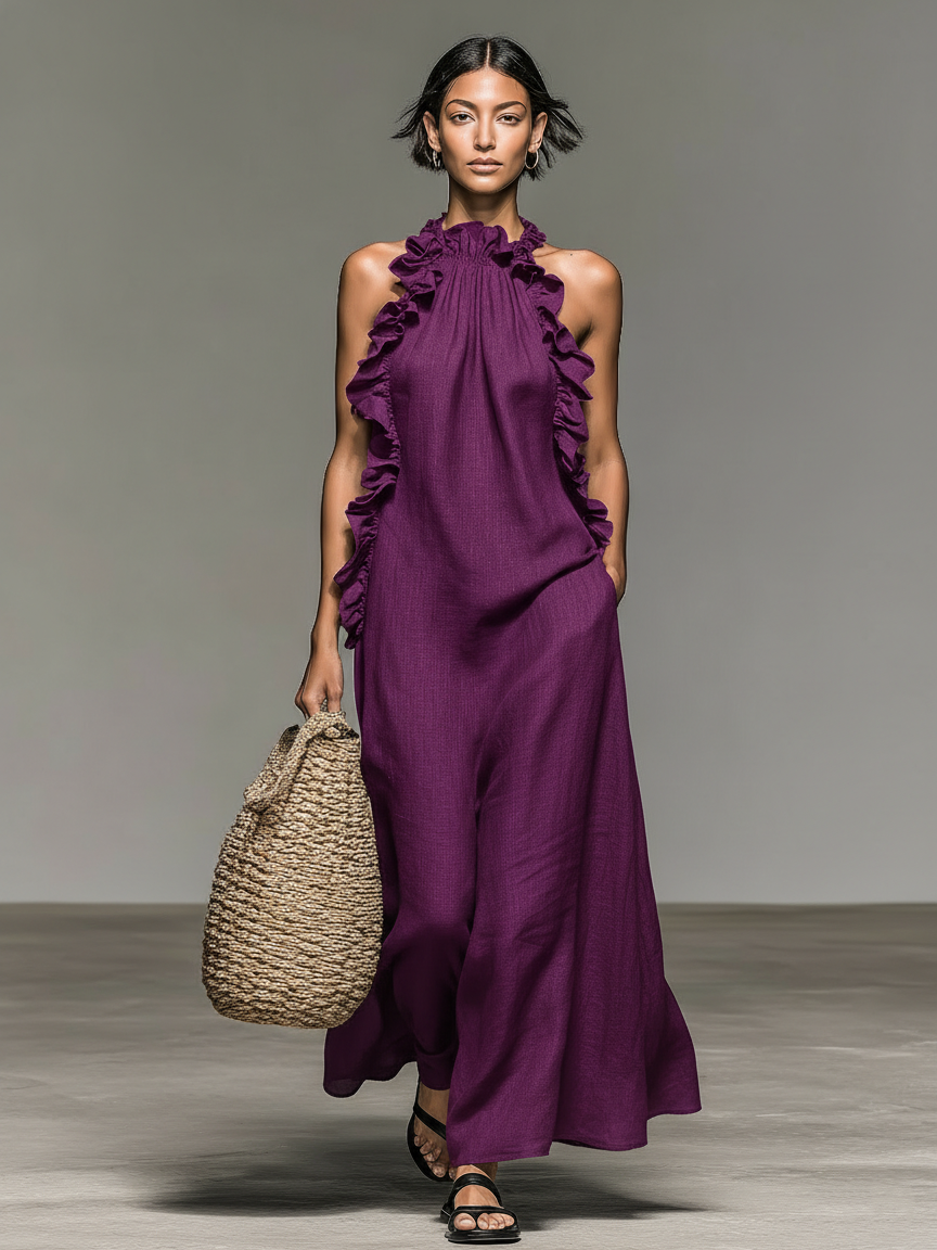 Women’s Minimalist Linen-Blend Round-Neck Sleeveless Regular Maxi Daily Dress