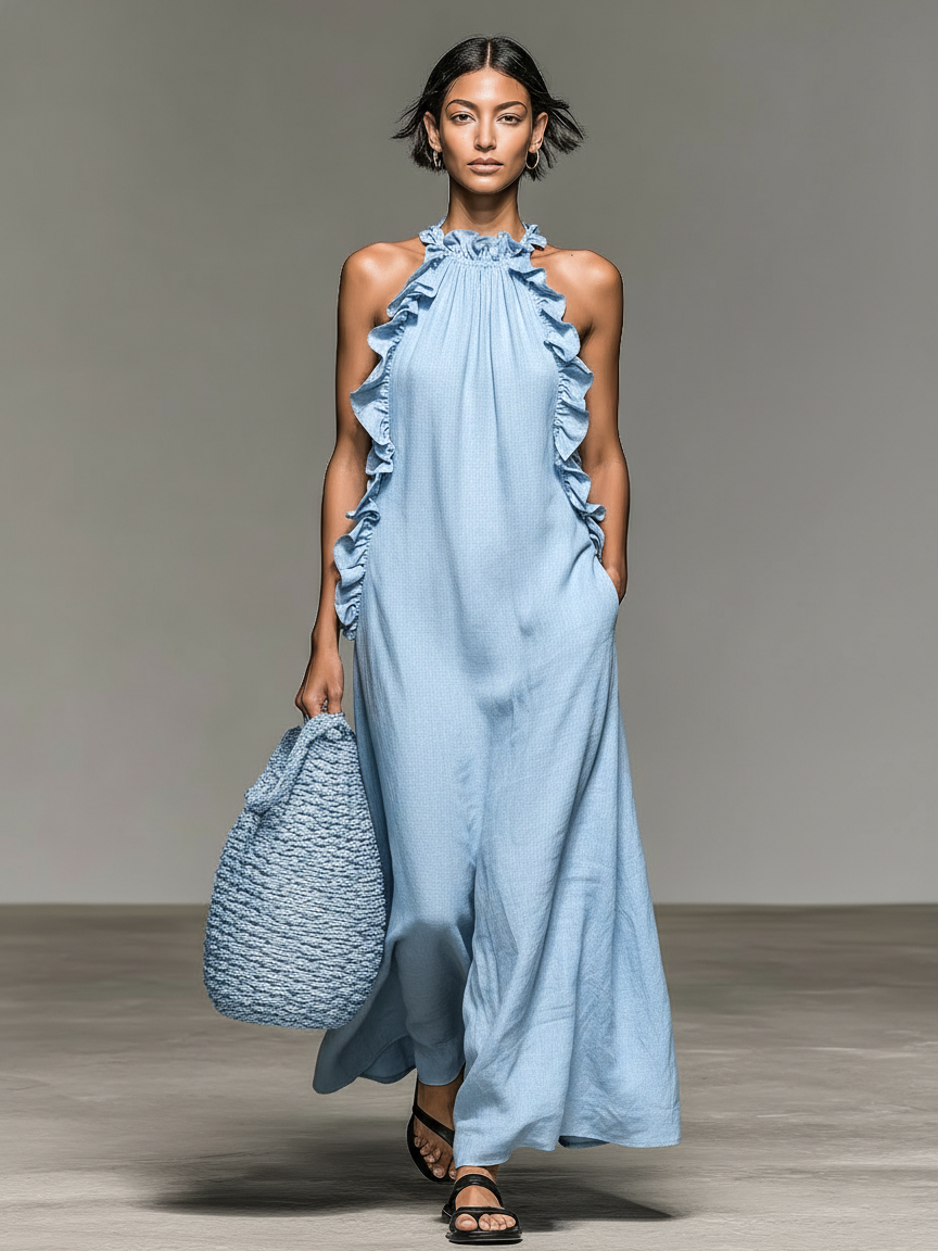 Women’s Minimalist Linen-Blend Round-Neck Sleeveless Regular Maxi Daily Dress