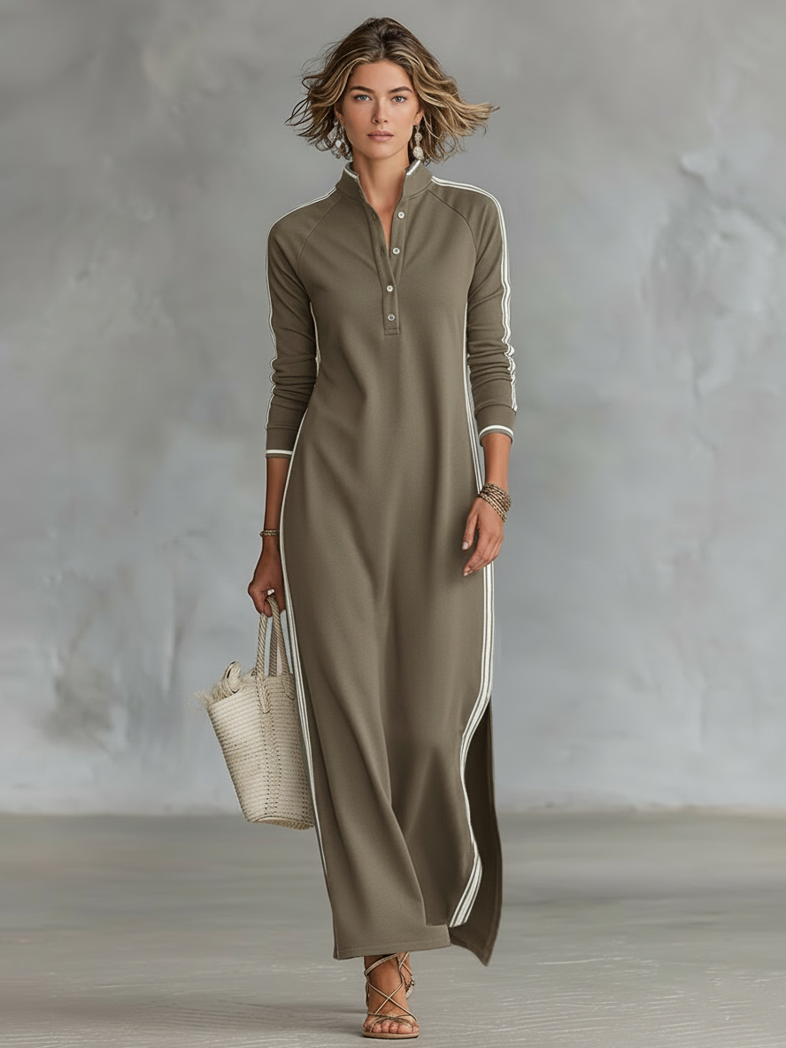 Women’s Minimalist Contrast-Trim Sweatshirt Knit Button-Down Collar Long Sleeve Relaxed Maxi Dress
