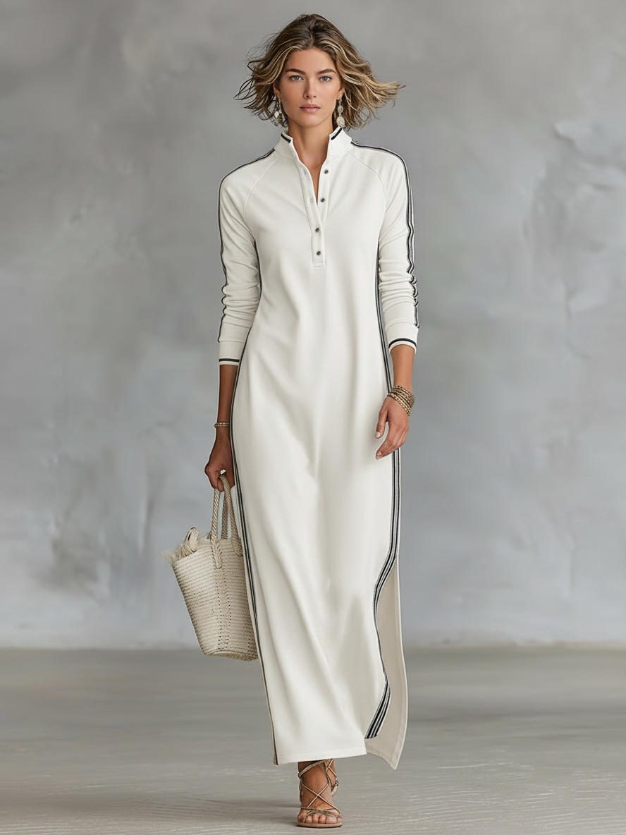 Women’s Minimalist Contrast-Trim Sweatshirt Knit Button-Down Collar Long Sleeve Relaxed Maxi Dress
