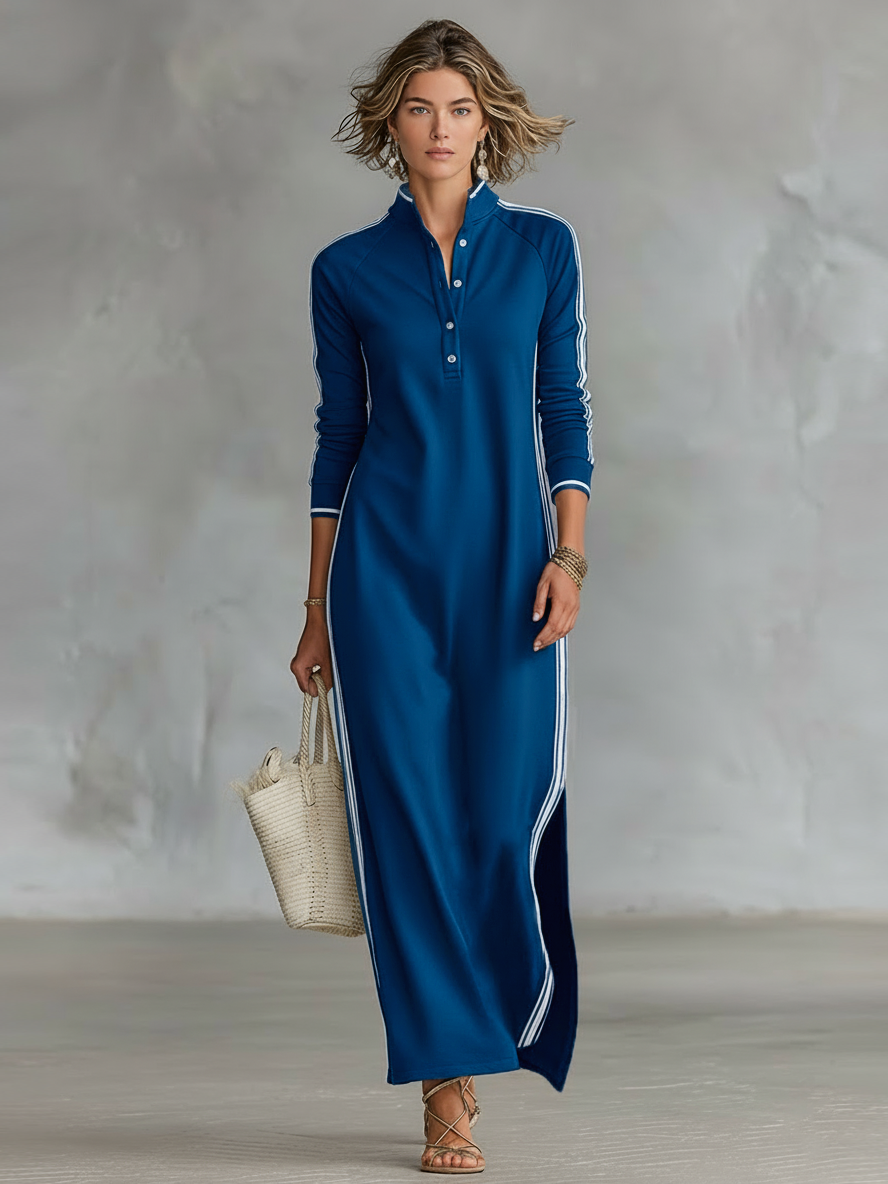 Women’s Minimalist Contrast-Trim Sweatshirt Knit Button-Down Collar Long Sleeve Relaxed Maxi Dress