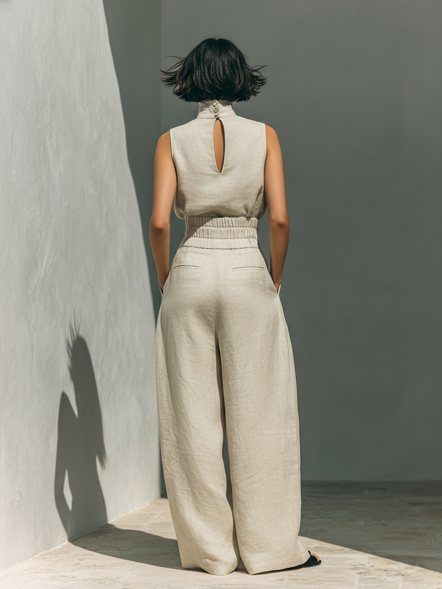 Women’s Multi-Color Minimalist Cotton-Linen Blend High-Neck Sleeveless Regular Wide-Leg Pants Set