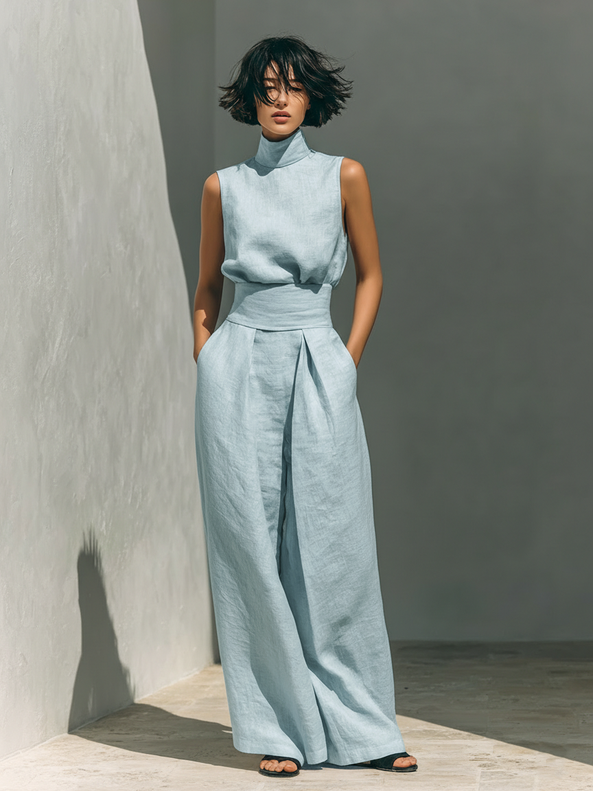 Women’s Multi-Color Minimalist Cotton-Linen Blend High-Neck Sleeveless Regular Wide-Leg Pants Set