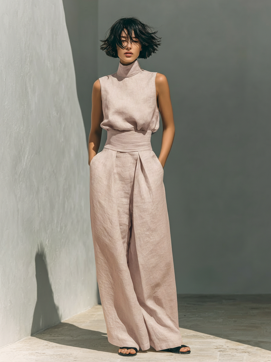 Women’s Multi-Color Minimalist Cotton-Linen Blend High-Neck Sleeveless Regular Wide-Leg Pants Set