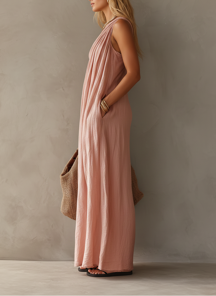 Women’s Elegant Cotton-Linen Blend One-Shoulder Sleeveless Loose-Fit Maxi Dress