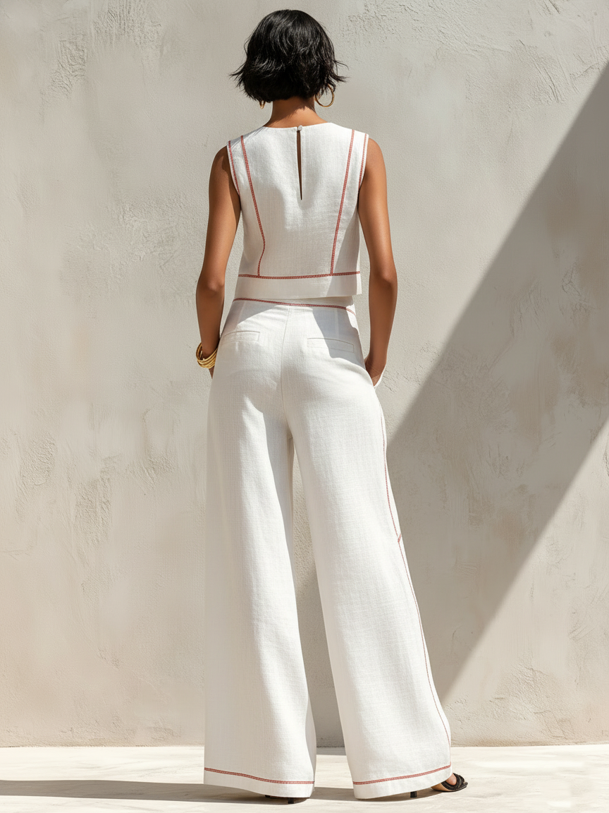 Women’s White and Black Minimalist Linen-Blend Round-Neck Sleeveless Regular Wide-Leg Pants Set