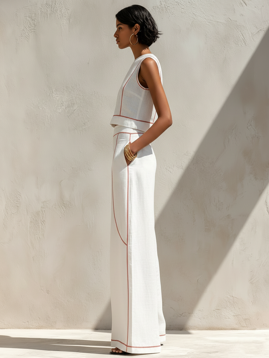 Women’s White and Black Minimalist Linen-Blend Round-Neck Sleeveless Regular Wide-Leg Pants Set