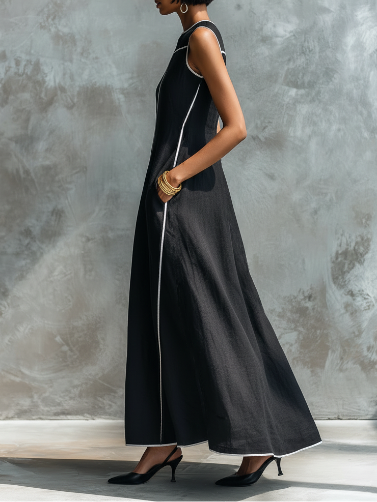 Women’s Black Minimalist Linen Blend Round Neck Sleeveless Regular Maxi Dress with Contrast Trim