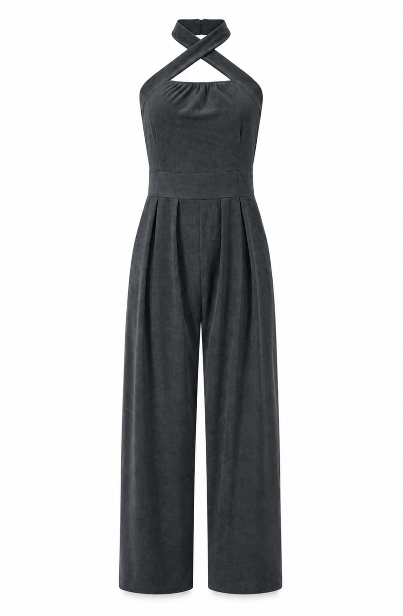 Women’s Dark Gray Elegant Cross-Halter Sleeveless Tailored Wide-Leg Jumpsuit