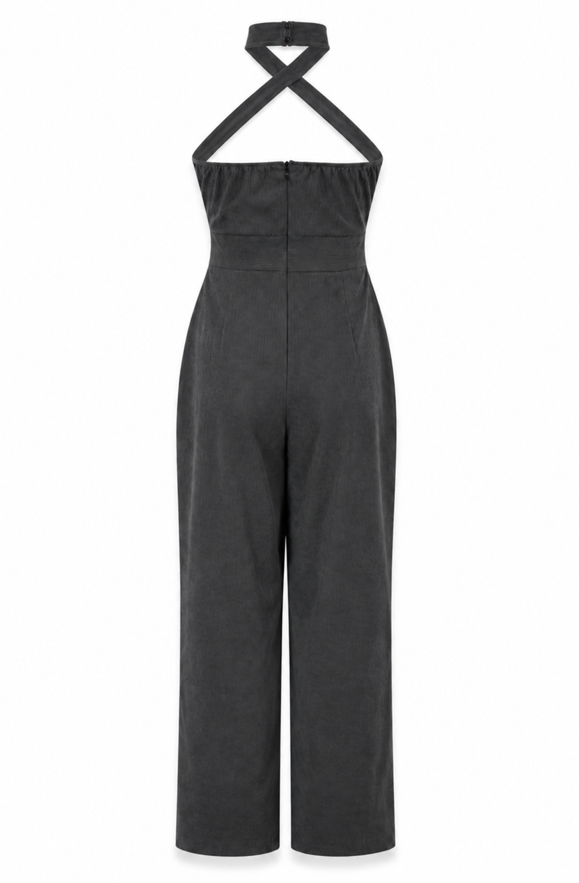 Women’s Dark Gray Elegant Cross-Halter Sleeveless Tailored Wide-Leg Jumpsuit