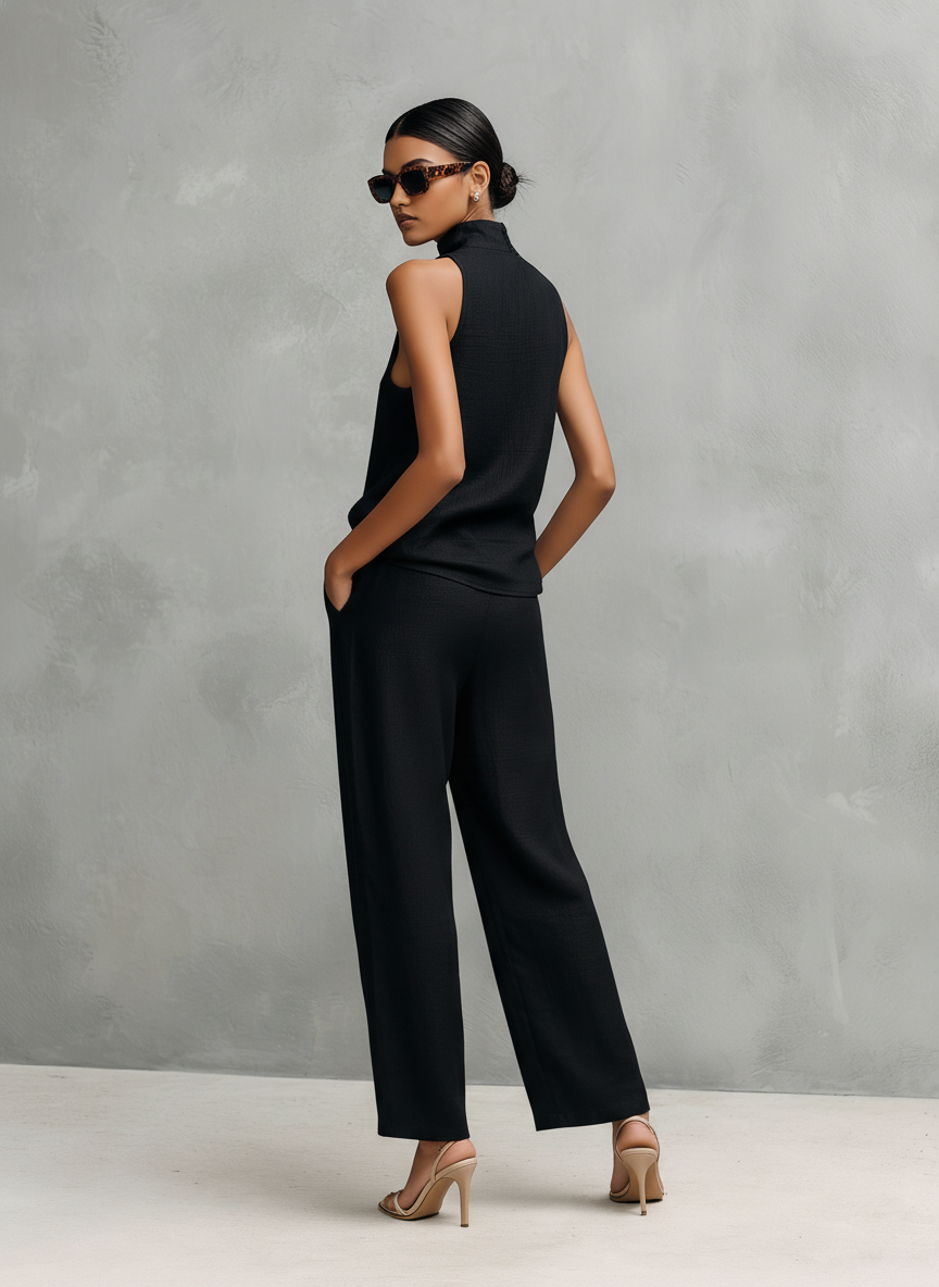Women’s Black and White Elegant Cotton-Linen Blend Round-Neck Sleeveless Regular Full-Length Pants Set