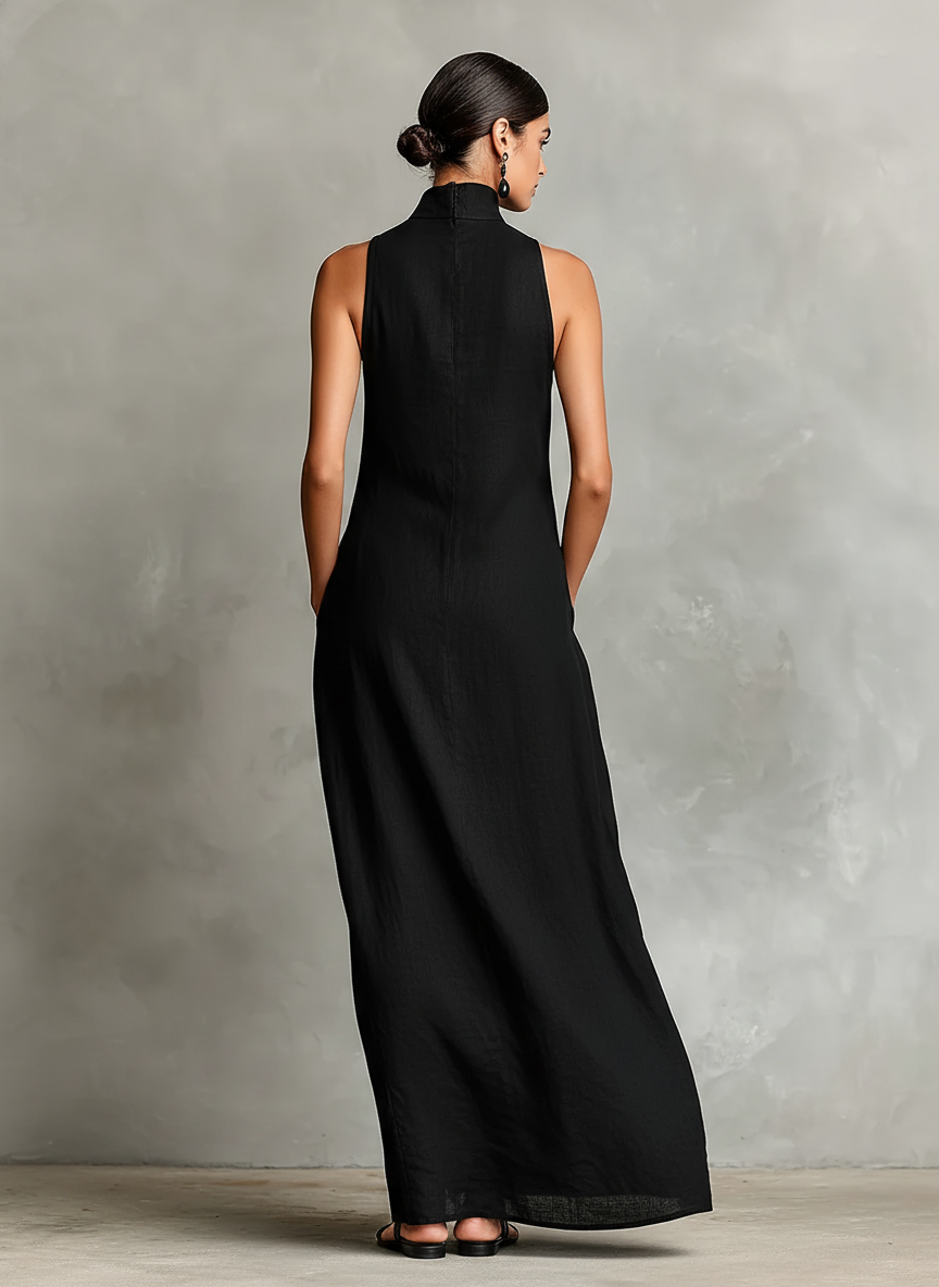 Women’s Black Burgundy and Blue Minimalist Linen-Blend High-Neck Sleeveless Relaxed Maxi Daily Dress