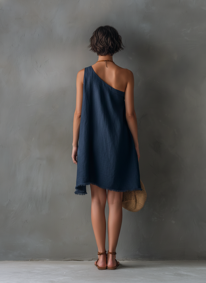 Women’s Navy Minimalist Linen-Blend One-Shoulder Sleeveless Regular Mini Daily Dress