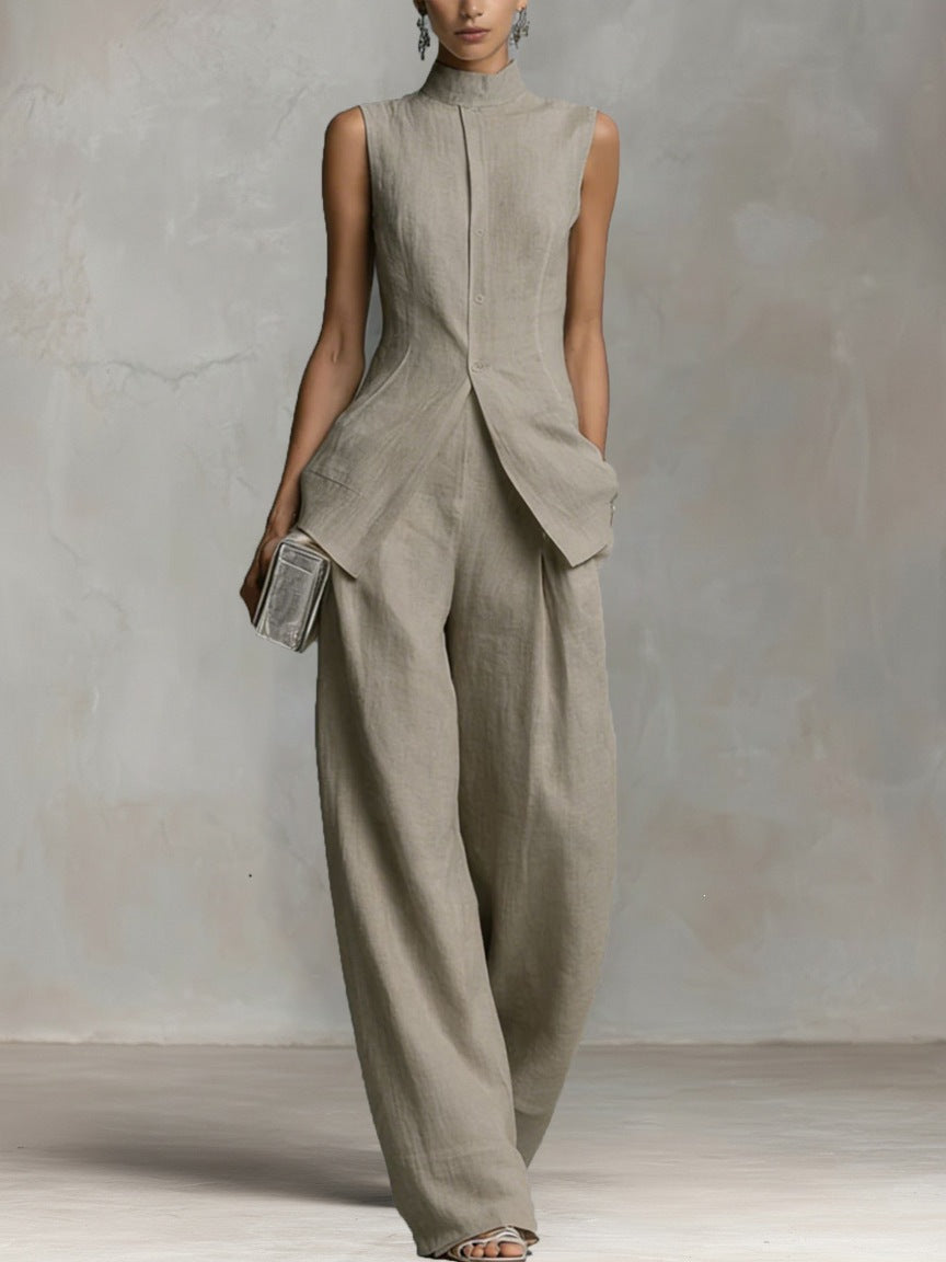 Women’s Multi-Color Elegant Cotton-Linen Stand-Collar Sleeveless Relaxed Wide-Leg Pants Set