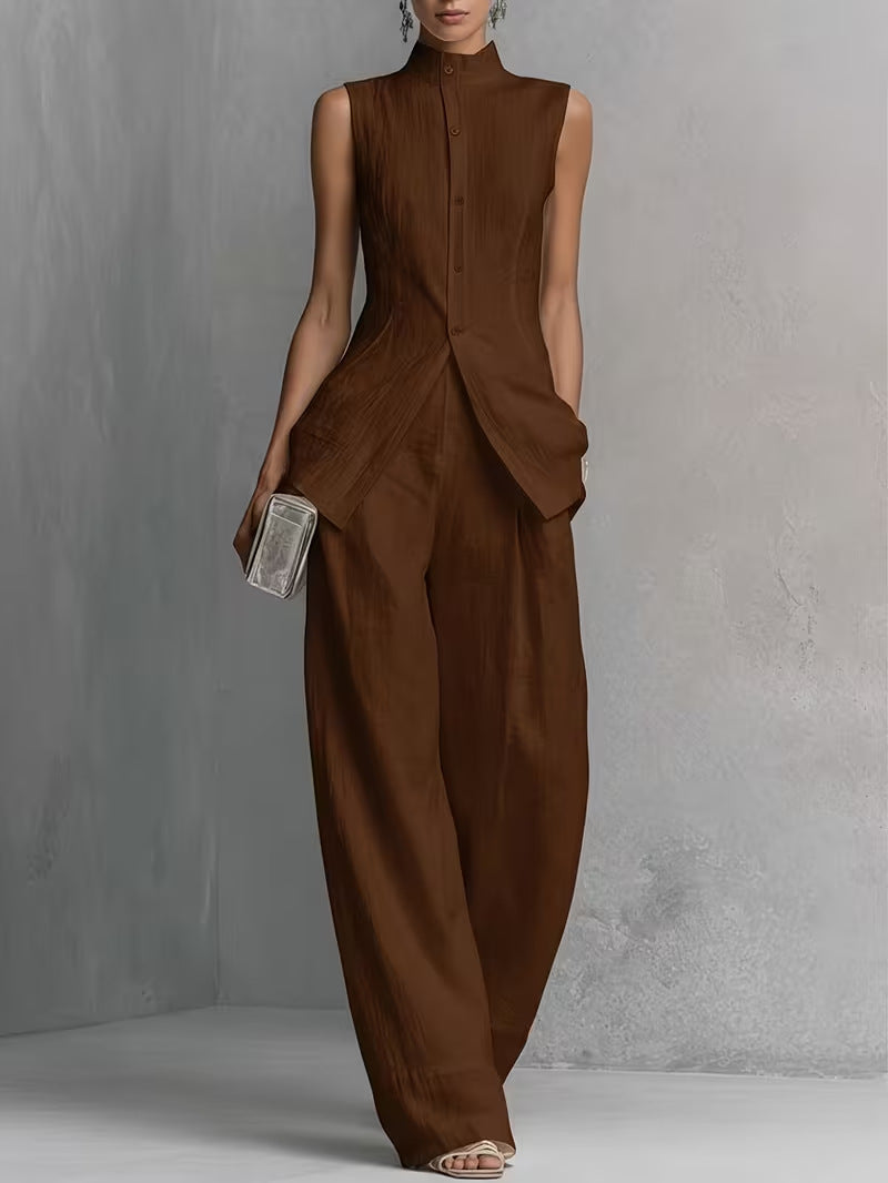 Women’s Multi-Color Elegant Cotton-Linen Stand-Collar Sleeveless Relaxed Wide-Leg Pants Set