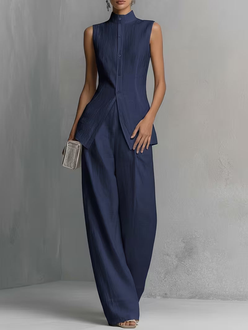 Women’s Multi-Color Elegant Cotton-Linen Stand-Collar Sleeveless Relaxed Wide-Leg Pants Set