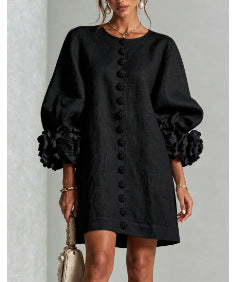 Women’s White Textured Floral Button Front Puff Sleeve Mini Dress