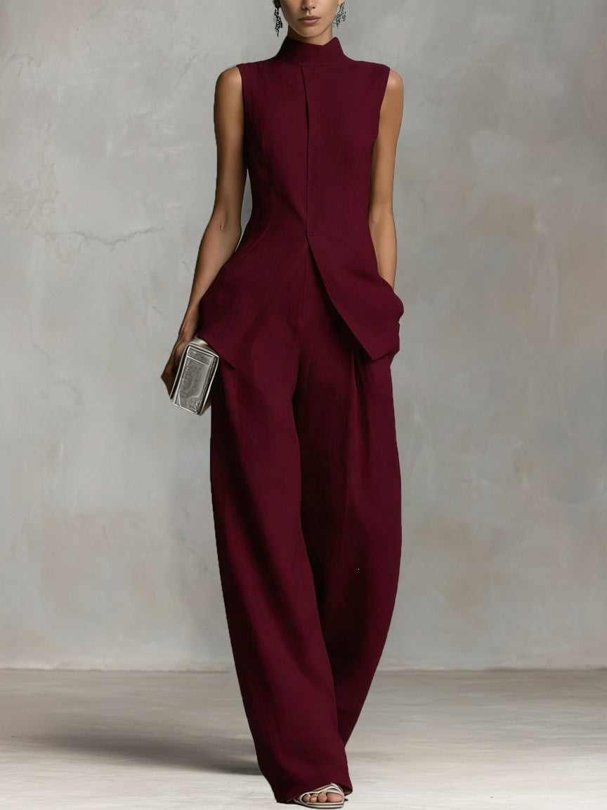 Women’s Multi-Color Elegant Cotton-Linen Stand-Collar Sleeveless Relaxed Wide-Leg Pants Set