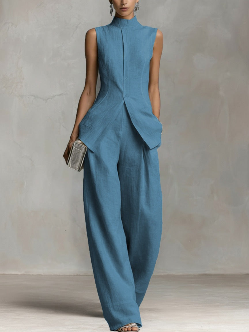 Women’s Multi-Color Elegant Cotton-Linen Stand-Collar Sleeveless Relaxed Wide-Leg Pants Set