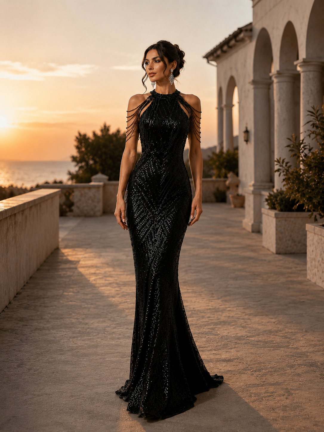 Robe de soirée sirène longue femme glamour noire à sequins, col montant et épaules dénudées