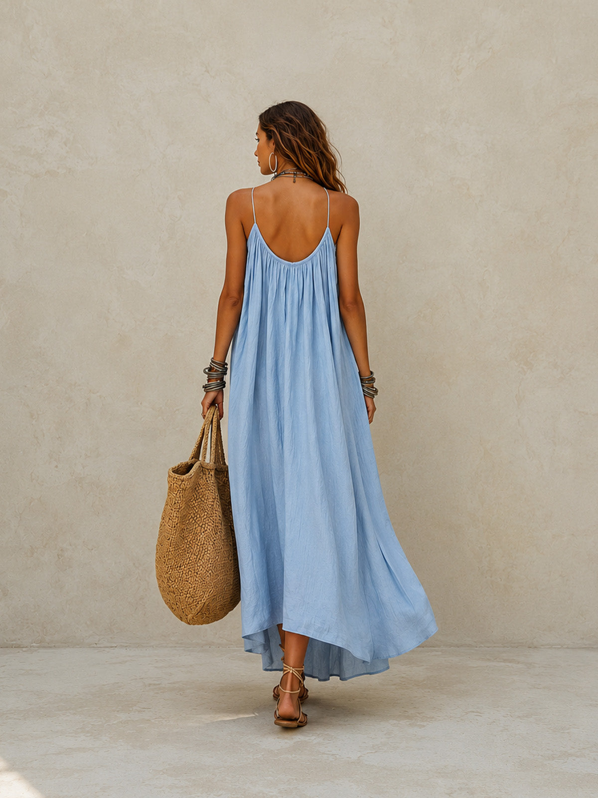 Damen hellblaues, lässiges Maxi-Kleid aus Baumwoll-Leinen-Mischung mit Rundhalsausschnitt, ärmellos und Blumapplikationen